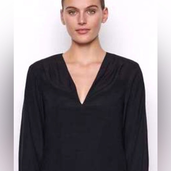 Frame DENIM SILK PLEATED V-NECK LONG SLEEVE BLOUSE TOP - NOIR Size Small - Picture 9 of 11